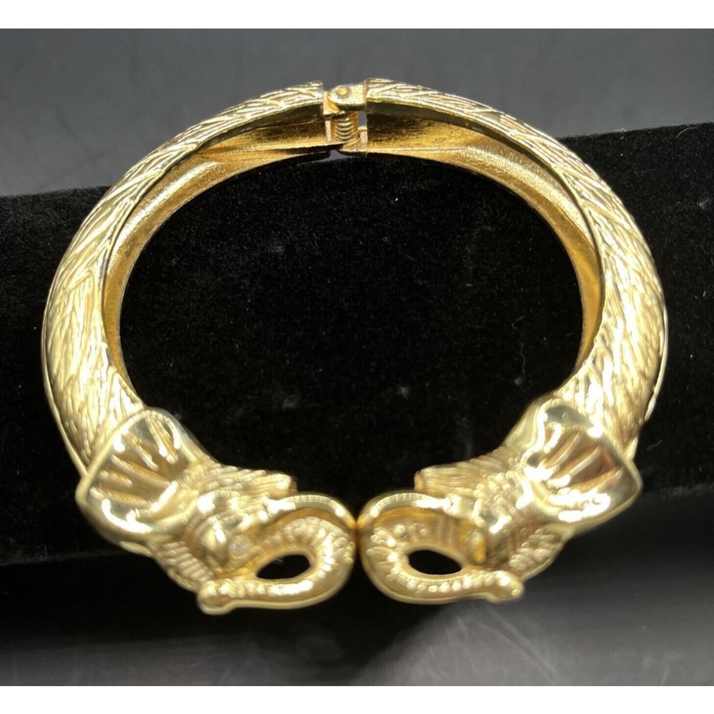 VTG  DOUBLE ELEPHANT HEAD GOLD TONE CRYSTAL HINGED CUFF BRACELET IN EUC